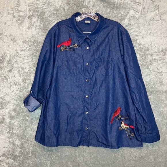 Blair Women Embroidered Bird Cardinal Blue Chambray Roll Tab Collared Shirt XL - Picture 1 of 11